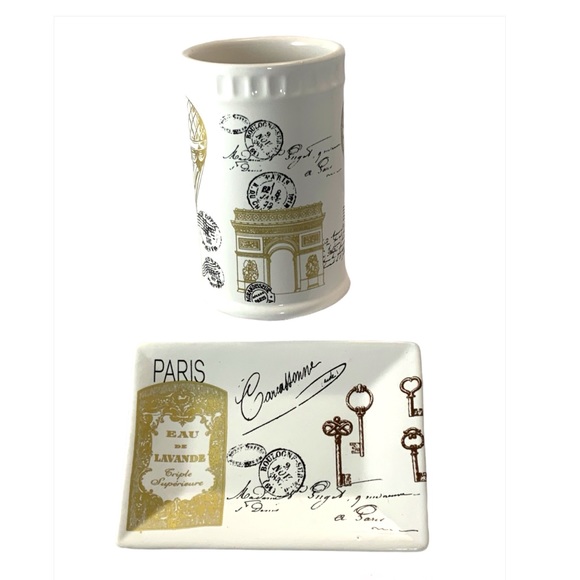 Paris Eiffel Tower Shower Curtain Fabric White Gold Multi Color 72 in X 72 in - Picture 9 of 13